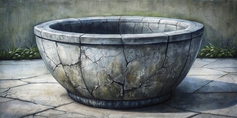 Fototapeta premium Cracked Concrete Planter: Dark Gray Pencil Sketch Stock Photo