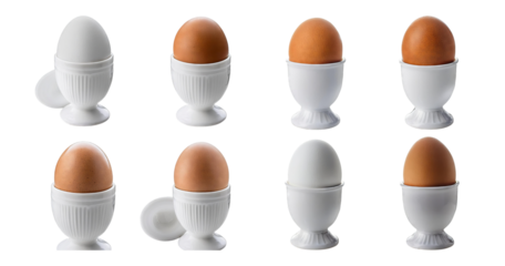 Fresh Brown Eggs in Classic White Egg Cups on a Clean Background, isolated on transparent background