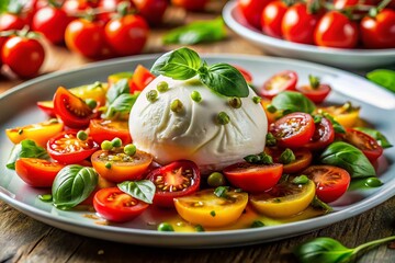 Creamy Burrata, Juicy Tomato & Basil Salad Macro Photo - White Plate