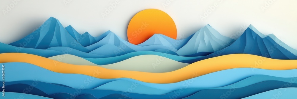 Leinwandbilder vibrant layered paper art creating a travel inspired landscape with mountains and rolling waves unde