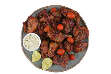 fried chicken with tomatoes and caramelized onions wings with herb sauce
