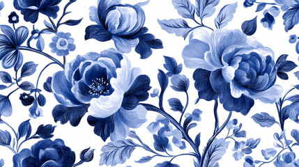 Delft blue inspired floral pattern for decorative and textile design. Timeless - Garden. Illustration