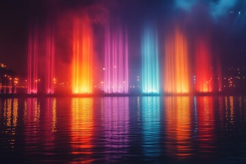 Colorful fountain show at night reflecting in calm water