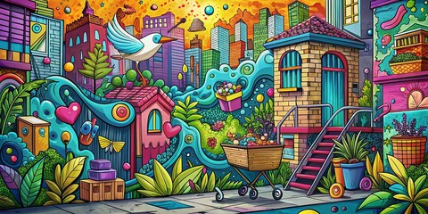 Fototapeta premium Creative Doodle Art Style Urban Exploration Online Shopping Backdrop