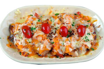 fried chicken with mozzarella cheddar cheese and cherry tomatoes and caramelized onion delicious food on wooden table