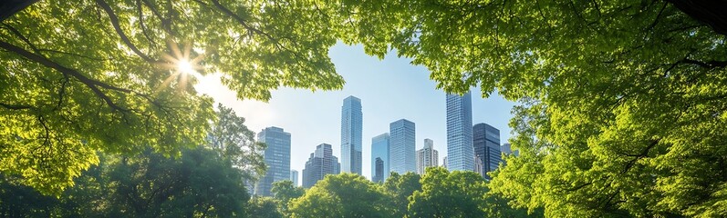Fototapeta premium Urban skyline framed by lush green trees and sunlight filtering through, showcasing nature and city life.
