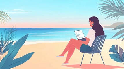 Fototapeta premium Businesswoman Relaxing at Beach Working
