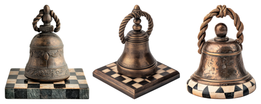 Decorative Bronze Bells on Unique Checkered Bases for Home Decor, isolated on transparent background