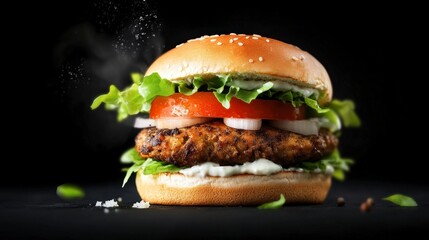 Freshly Grilled Chicken Burger with Sesame Seed Bun, Crisp Lettuce, Tomato, Onion, and Creamy Sauce