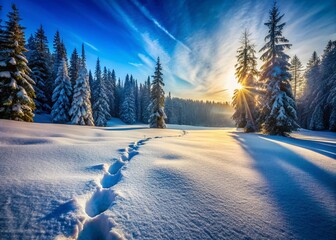 Crisp Winter Wonderland: Footprints Leading into a Snow-Covered Forest