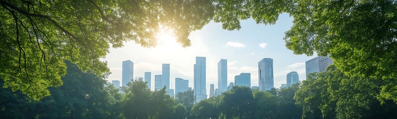 Obraz premium City skyline framed by lush greenery and sunlight filtering through the trees.
