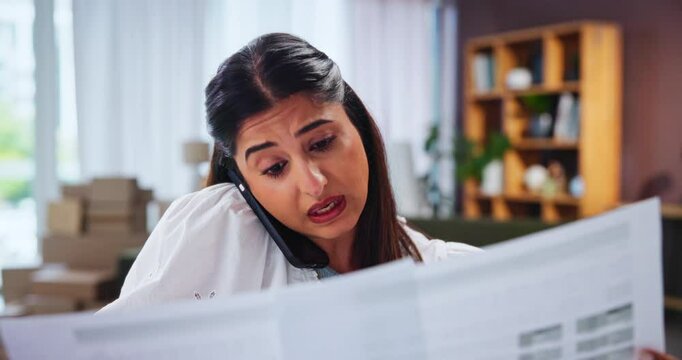 Woman, talk and phone call for document of logistics management, planning and distribution services. Person, mobile and communication with paperwork for stock quote, delivery invoice and startup chat