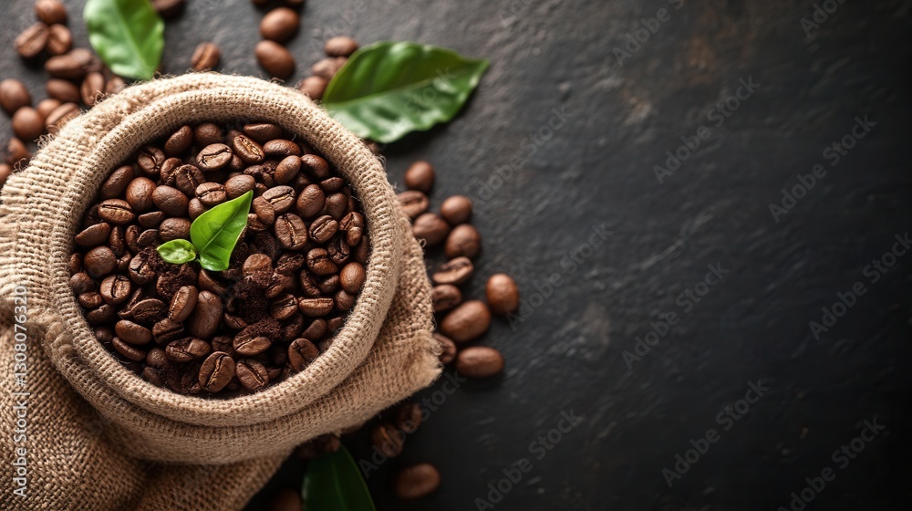 Poster freshly roasted coffee beans in a burlap sack with green leaves resting on a dark stone surface gene