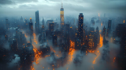 Fototapeta premium NYC Skyline Foggy Night Aerial View