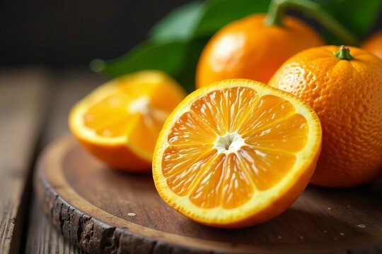 Close-up of juicy Minneola oranges on a wooden surface, oranges, Minneola