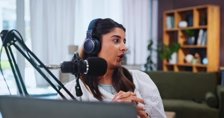 Woman, talk show or mic with laptop for broadcast, live recording or online streaming at home studio. Female person, influencer or commentator with technology for news channel, radio or audio message