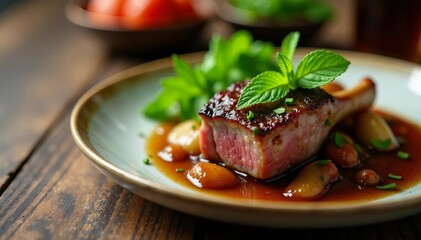 Close up of mint sprig next to tender roasted lamb shank, main course, cooking