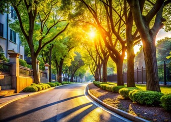 Obraz premium Curving City Sidewalk, Lush Trees, Sunny Day - Architectural Photography Stock Image