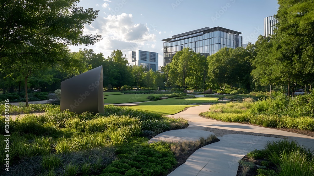 Poster a serene park scene with modern architecture in the background, featuring pathways and lush greenery