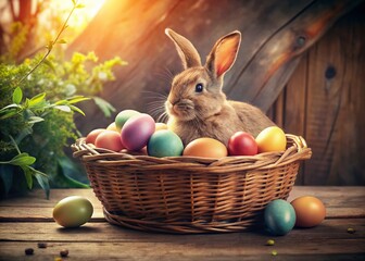 Cute Easter Bunny in Wicker Basket with Colorful Eggs - Spring Holiday
