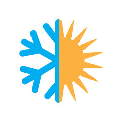 Sun and snowflake. Hot cold contrast. Climate temperature icon. Seasonal weather symbol.