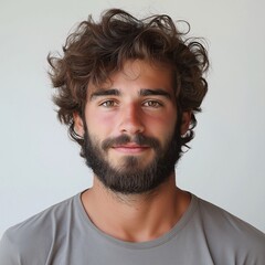 Obraz premium Young Man Smiling Portrait with Beard in Casual Clothing - Confident, Relaxed, and Well-Groomed in Natural Light Studio Shot