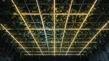 Modern ceiling grid, plants, lighting