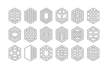 Black elegant and modern assorted isolated thin outline pointy hexagon shapes emblems icons set design elements on white background poster