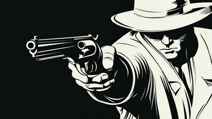 Mysterious figure in a fedora pointing a revolver in a dramatic black and white composition