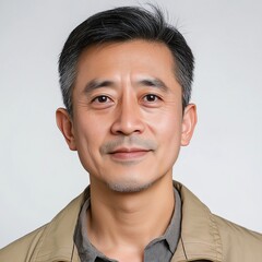Obraz premium Portrait of a Confident Mature East Asian Businessman Smiling in Casual Teal Shirt with Natural Lighting