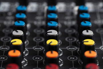 Professional mixing console, closeup. Radio studio equipment