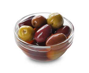 Delicious marinated olives in bowl isolated on white