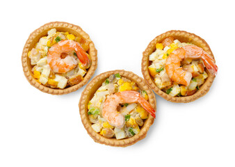 Tartlets with delicious filling isolated on white, top view