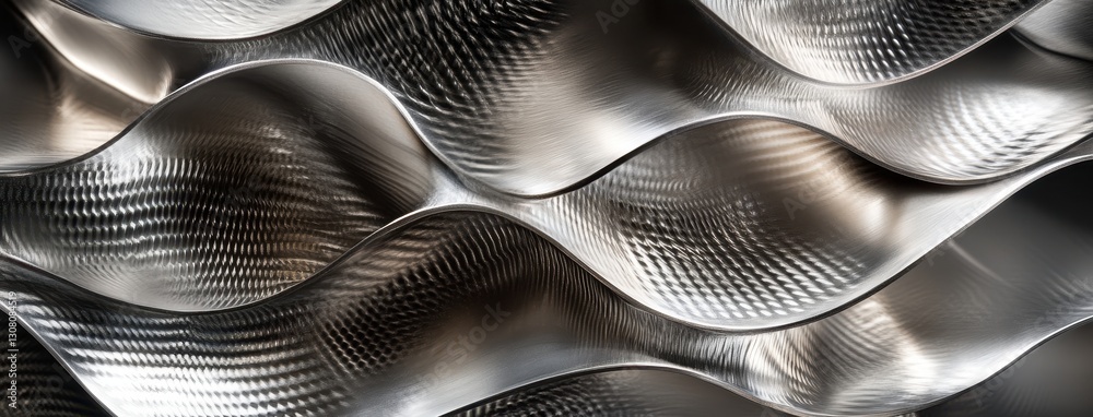 Poster abstract wave pattern in polished metal surface showcasing reflections and textures, creating dynami