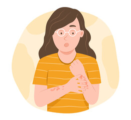 Worried Woman Scratch the Atopic Dermatitis or Eczema Area on Her Arms for Dermatology Disease Concept Illustration