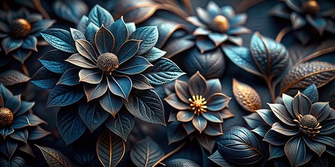 Fototapeta premium Dark Floral 3D Design: Black Flowers & Leaves with Bokeh Effect on Textured Background