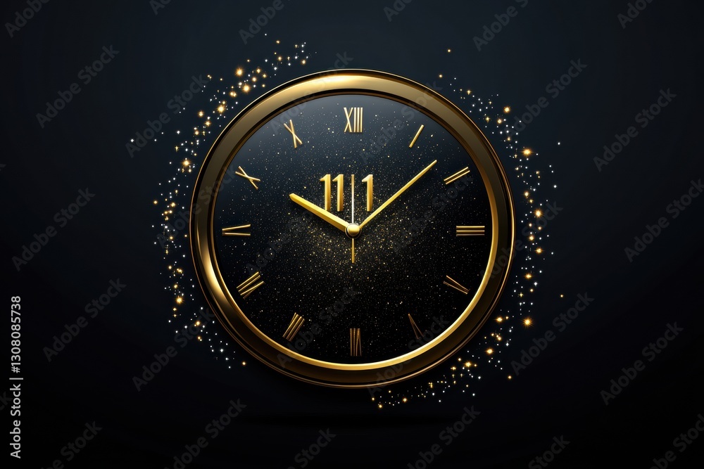 Poster Luxurious New Year clock with golden details showing 1159 surrounded by sparkling lights on dark gradient background Generative AI