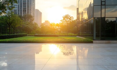 Fototapeta premium Sunset reflection over a smooth surface with greenery and modern buildings in the background.
