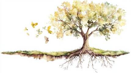 Fototapeta premium Dreamy Watercolor Depiction of a Thriving Tree with Exposed Roots and Ethereal Foliage