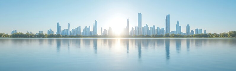 Obraz premium Modern city skyline reflecting on calm water under a bright blue sky.