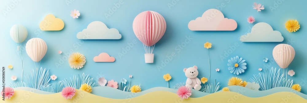 Aufkleber cute pastel paper cutout scene with balloons and teddy bears for children in a whimsical setting gen