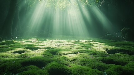 Sunbeams illuminate mossy forest floor, creating magical scene, ideal for fantasy game background