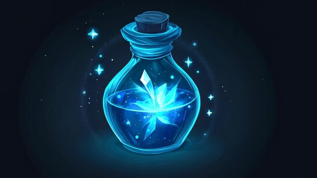 Magical blue potion in an ornate bottle with sparkling crystals glimmering in the dark background