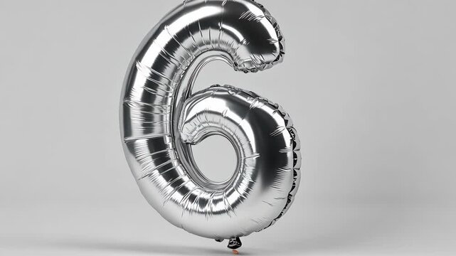 Silver balloon shaped like the number six stands against a plain background for celebration or event signage