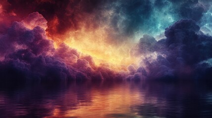 Stunning Vibrant Sunset Over Dramatic Clouds Reflecting on Tranquil Water Surface in a Serene Natural Landscape