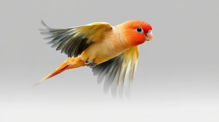 Fototapeta premium Colorful Bird in Flight with Vibrant Feathers Against Neutral Background Capturing Graceful Movement and Beauty