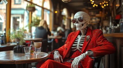 Skeleton in red suit enjoys cafe drink, city view in background