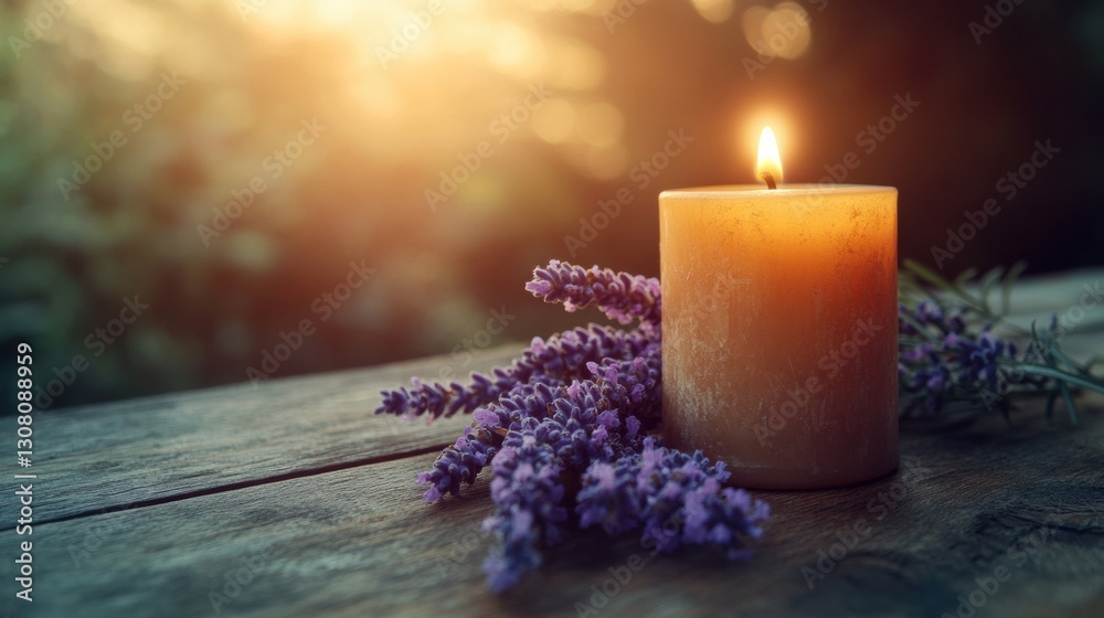 Poster serene setting featuring a lavender sprig and a lit candle on a textured wooden surface generative a