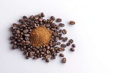 Ground coffee on a table with spilled coffee beans, showcasing the richness of coffee preparation and enjoyment