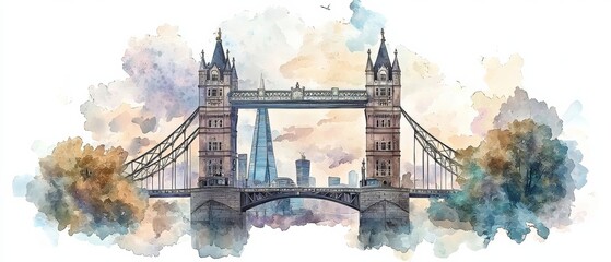 Naklejka premium Vibrant Watercolor Cityscape of Iconic London Bridge